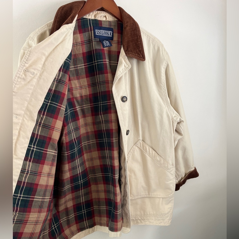 Lands End Vintage Beige Canvas Corduroy Trim Barn Jacket | Size Large